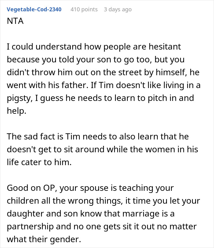 Comment discussing if kicking out husband and son before Christmas was an overreaction and family dynamics.