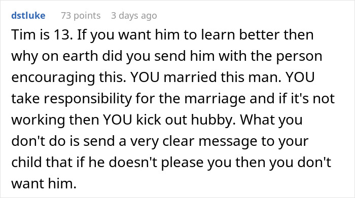 Reddit comment discussing if kicking out husband and son before Christmas was an overreaction and marital responsibility advice.