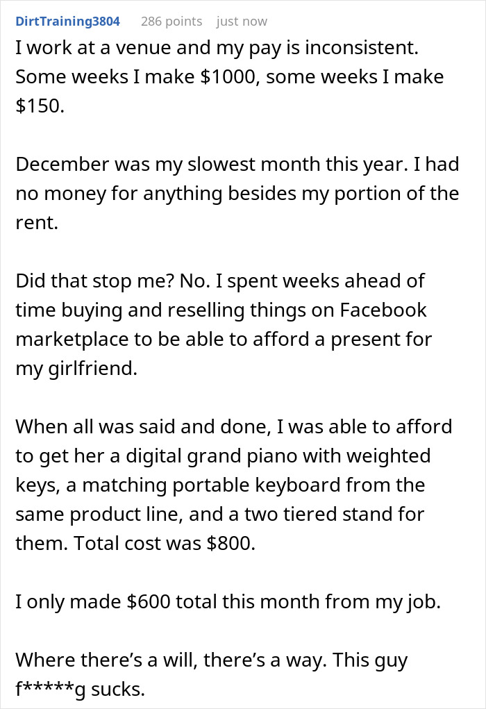 Post about inconsistent pay and buying a thoughtful Christmas present leading to a relationship breakup over unthoughtful gift.