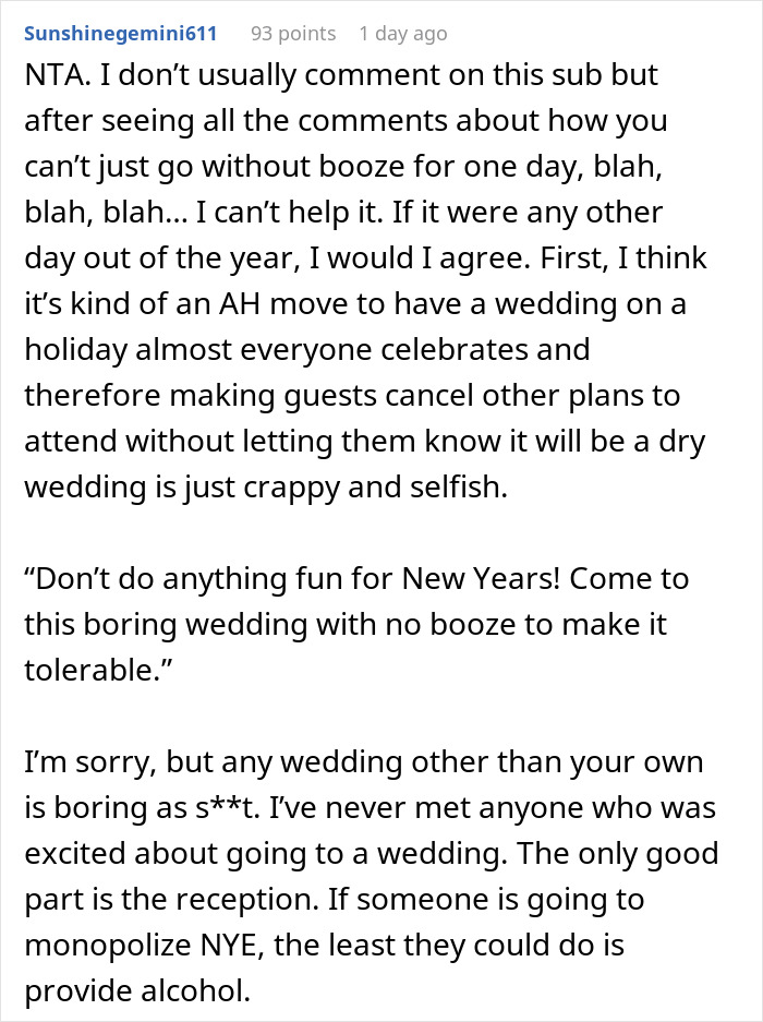 &ldquo;Am I The Jerk For Last Minute Declining To Go To A Friend&rsquo;s Dry Wedding On New Year&rsquo;s Eve?&rdquo;
