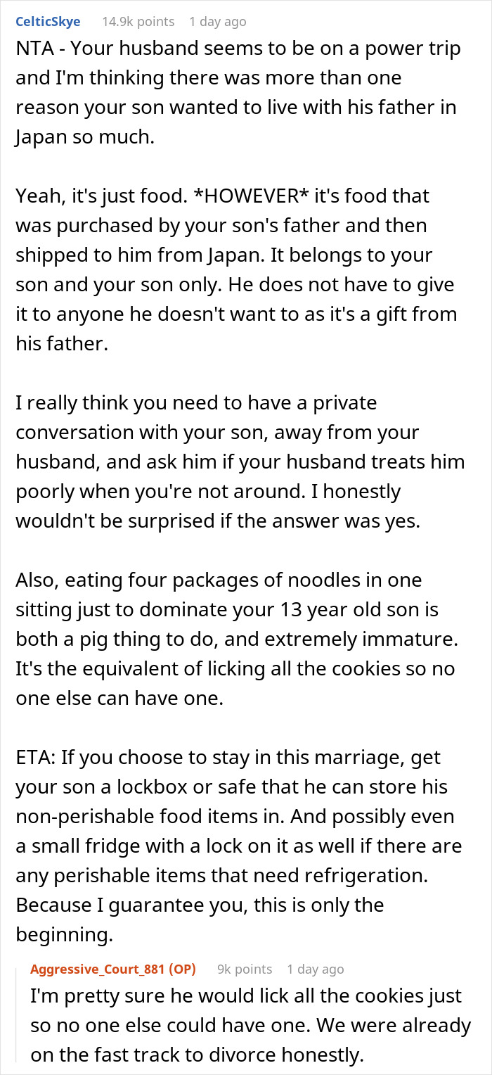 Stepdad Eats All Of 12 Y.O.’s Imported Noodles Without Permission To Make A Point, Mom Loses It Stepdad Eats All Of 12 Y.O.’s Imported Noodles Without Permission To Make A Point, Mom Loses It