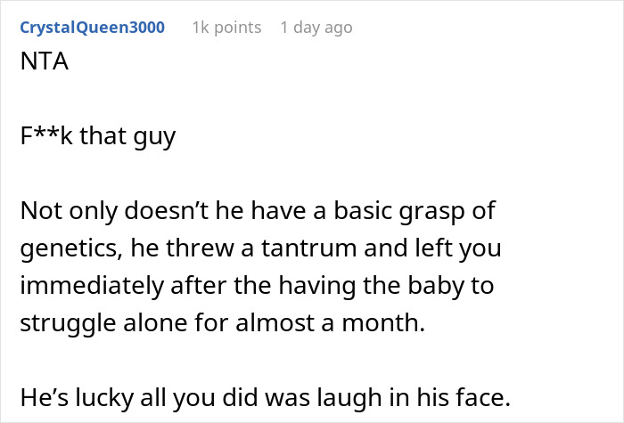 Screenshot of a Reddit comment criticizing a man who freaked out over baby&rsquo;s hair color and wife&rsquo;s reaction after paternity test results.