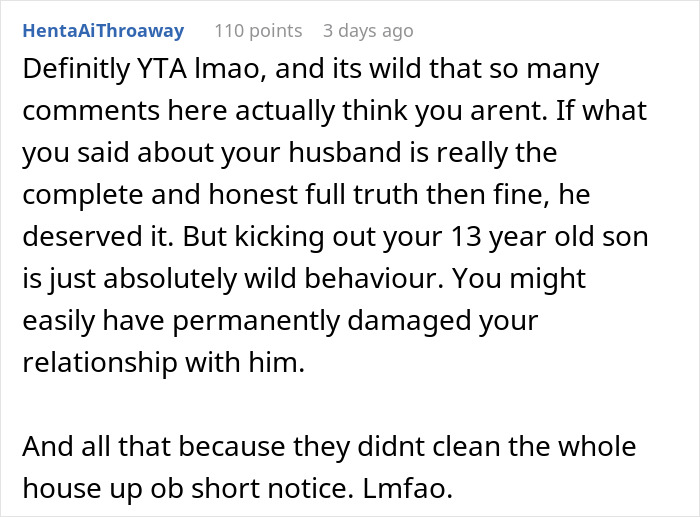 Comment discussing if mom kicking out husband and son before Christmas was an overreaction and its impact on relationships.