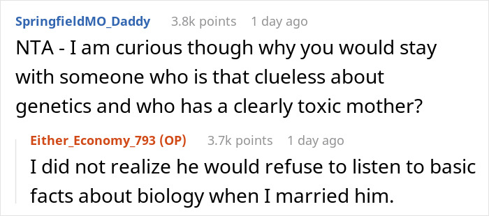 Reddit conversation with users debating genetics and paternity in a man freaking out over baby&rsquo;s hair color story.