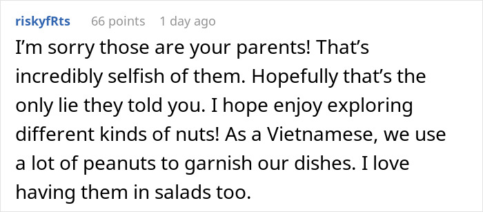 “I Feel Betrayed”: Woman Finds Out Her Parents Were Lying About Her Nut Allergy All Along “I Feel Betrayed”: Woman Finds Out Her Parents Were Lying About Her Nut Allergy All Along
