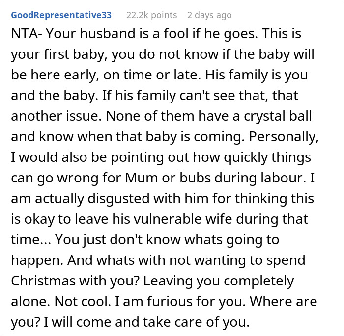 Heavily Pregnant Woman Wonders If She's A Jerk For Asking Her Fianc&eacute; To Spend Christmas With Her