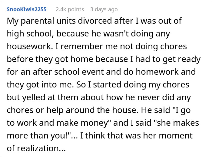 User shares story about parental divorce and chores, debating if kicking out husband and son before Christmas was overreaction.