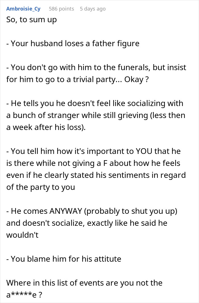 Woman Accuses Grieving Husband Of Ruining A Work Xmas Gala For Her, Gets A Reality Check