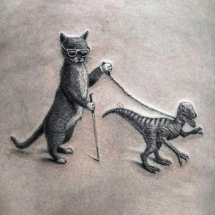A cat wearing sunglasses walking a dinosaur on a leash; a cool dinosaur tattoo executed perfectly.