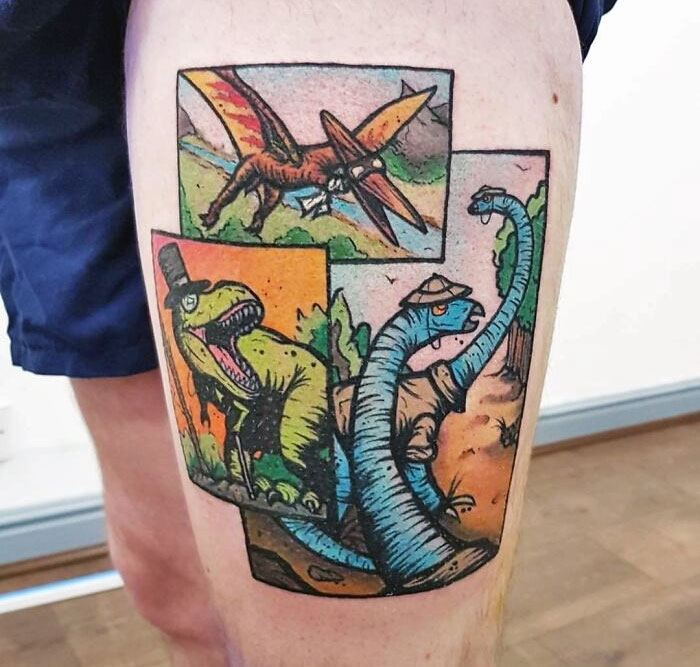 Colorful dinosaur tattoo featuring a T-Rex and Brontosaurus with hats, showcasing a cool and creative design.