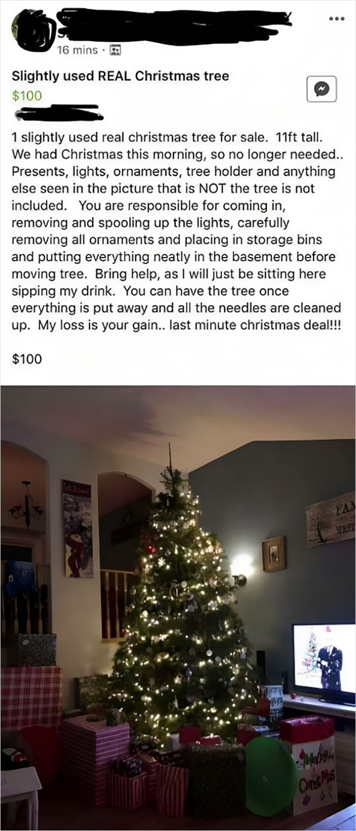 Pay Me $100 And I’ll Let You Take Down My Christmas Tree, Lights, And Ornaments While I Sit There Watching You, Sipping My Drink