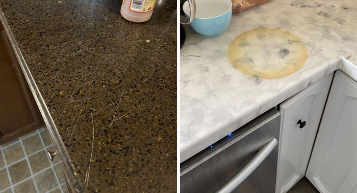 Scratched brown epoxy countertop with visible marks and bright white epoxy countertop stained with a yellow ring.