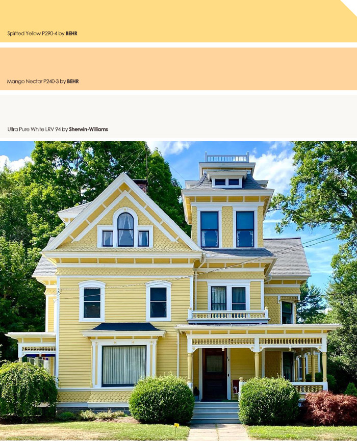 Victorian-style yellow painted house showcasing exterior house colors that turn heads in the neighborhood.