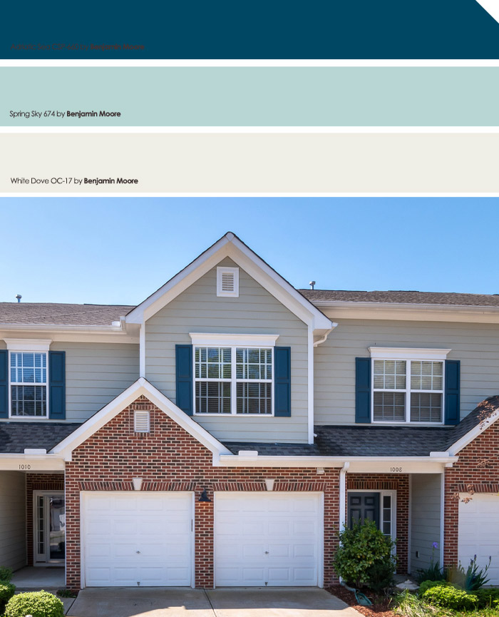 Residential house showcasing exterior house colors including blue shutters and beige siding enhancing curb appeal.