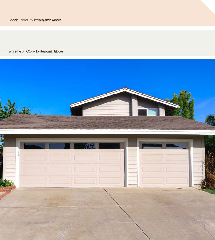 Beige exterior house colors with a modern two-car garage under clear blue sky in a suburban neighborhood.