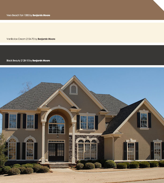 Light brown exterior house color with black shutters and decorative stone accents in a suburban neighborhood setting.