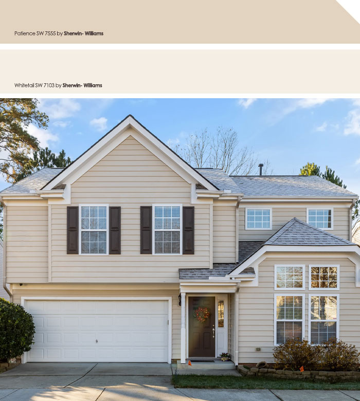 Cream color exterior house with dark shutters and a gray roof, showcasing popular exterior house colors to turn heads.