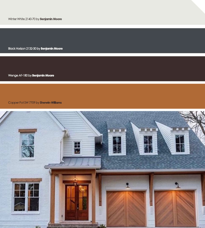 White house exterior with wooden garage doors showcasing popular exterior house colors to turn heads in the neighborhood