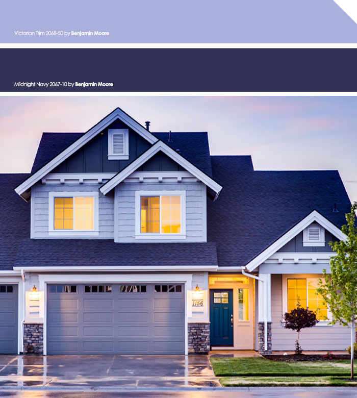 Blue painted house exterior showcasing vibrant exterior house colors to turn heads in the neighborhood at sunset.