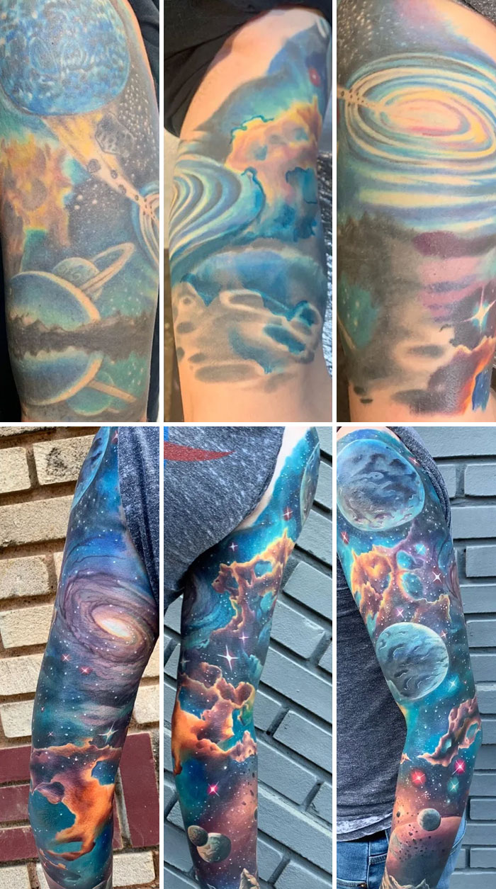 Tattoo cover-up transformation showing vibrant space-themed artwork on an arm.