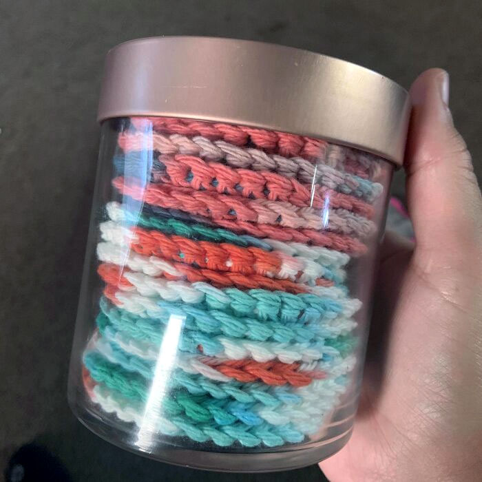My Aunt Requested Crocheted Face Scrubbies To Replace Cotton Pads/Balls. She Asked For 24 So I Put Them In A Repurposed Candle Container