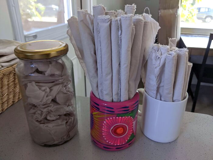 I Turned A Ripped Sheet Into Reusable Disinfecting Wipes And "Unpaper Towels". Stored In Containers I Already Had