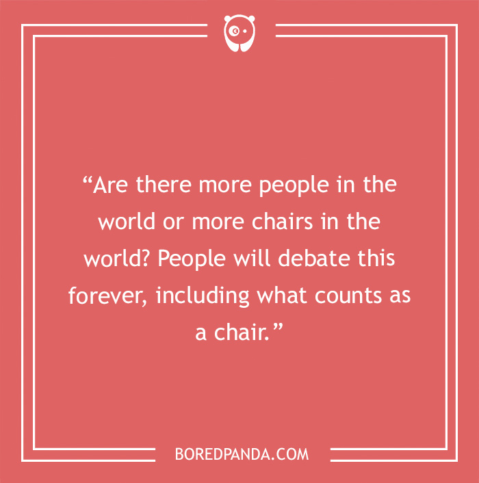 Text on a red background discusses a funny controversial topic about whether there are more people or chairs in the world.