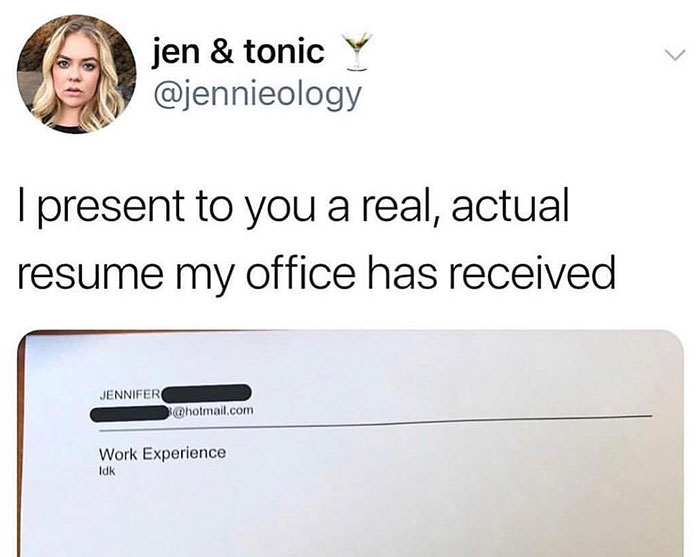 Funny recruiter meme featuring a humorous resume snippet with minimal work experience listed.