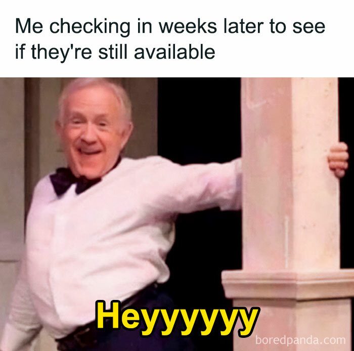 Older person playfully leaning against a pillar with text about checking availability, from the Funny Recruiter meme page.