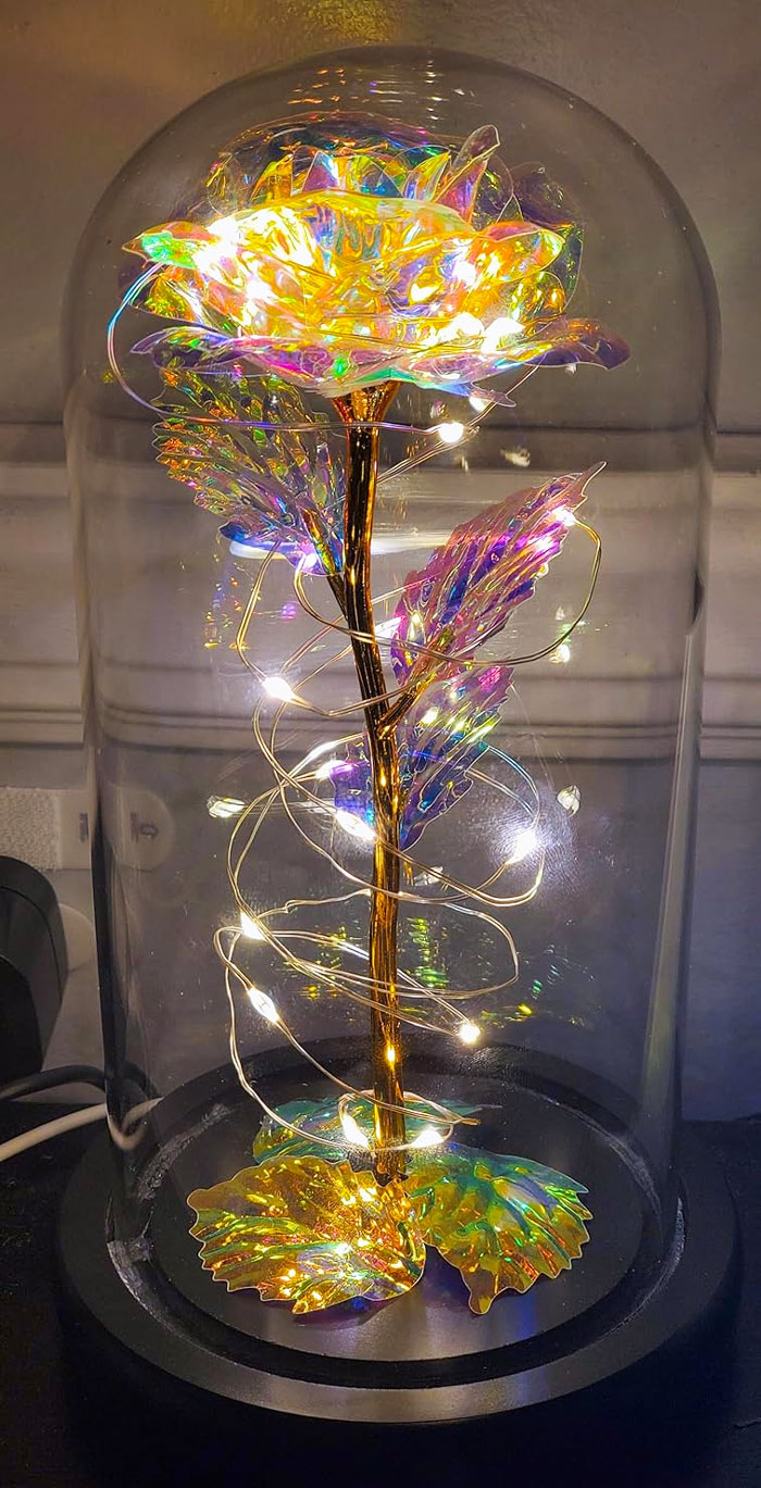 Iridescent decorative rose with fairy lights inside glass dome, a unique gift idea for the partner who’s seen it all.
