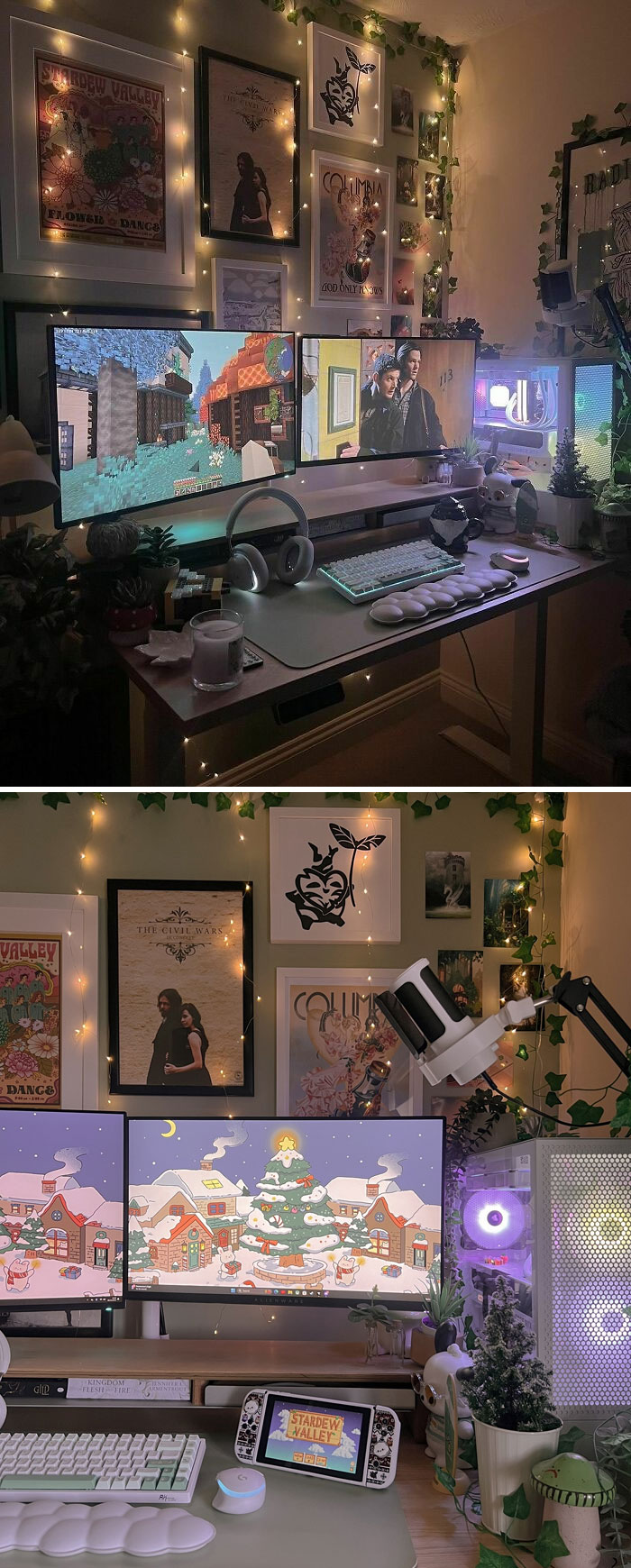 Cozy home office design with dual monitors, gaming setup, fairy lights, and plants creating a warm and inviting workspace.