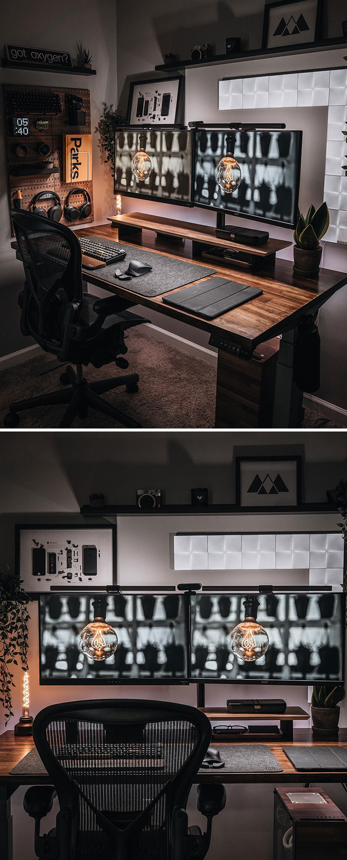 Modern home office design with dual monitors, warm lighting, ergonomic chair, and organized wooden desk for a cozy workspace.