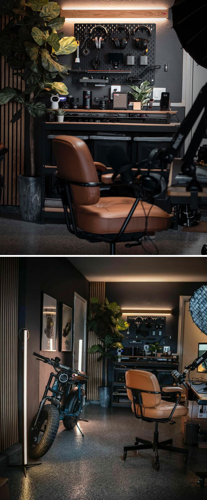 Cozy home office design with modern brown chair, organized tech gear, plants, and ambient LED lighting for a stylish workspace.