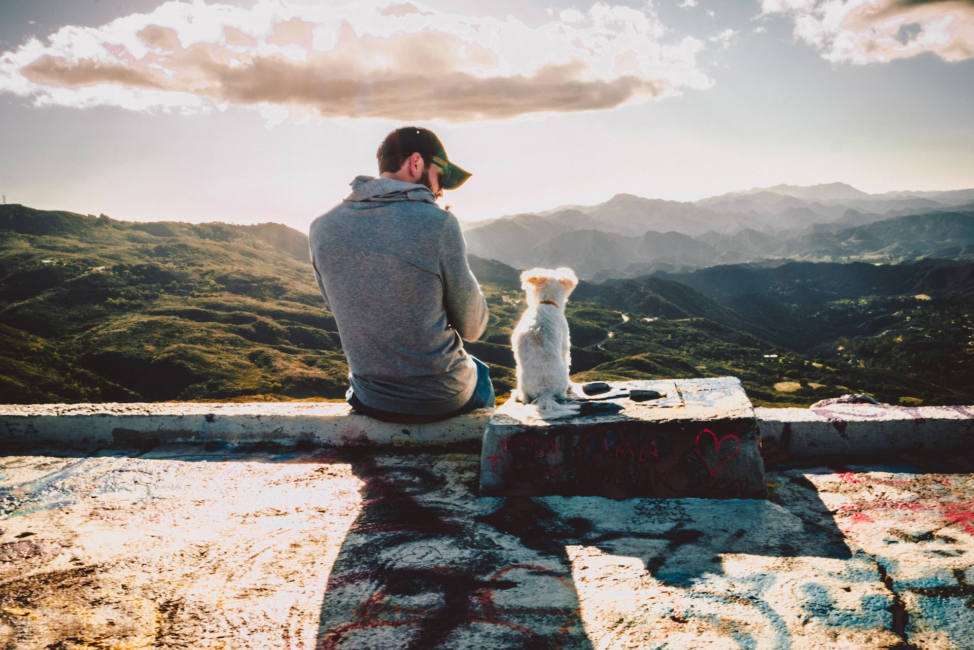 Man sitting with dog on a mountain overlook, showing love and companionship.