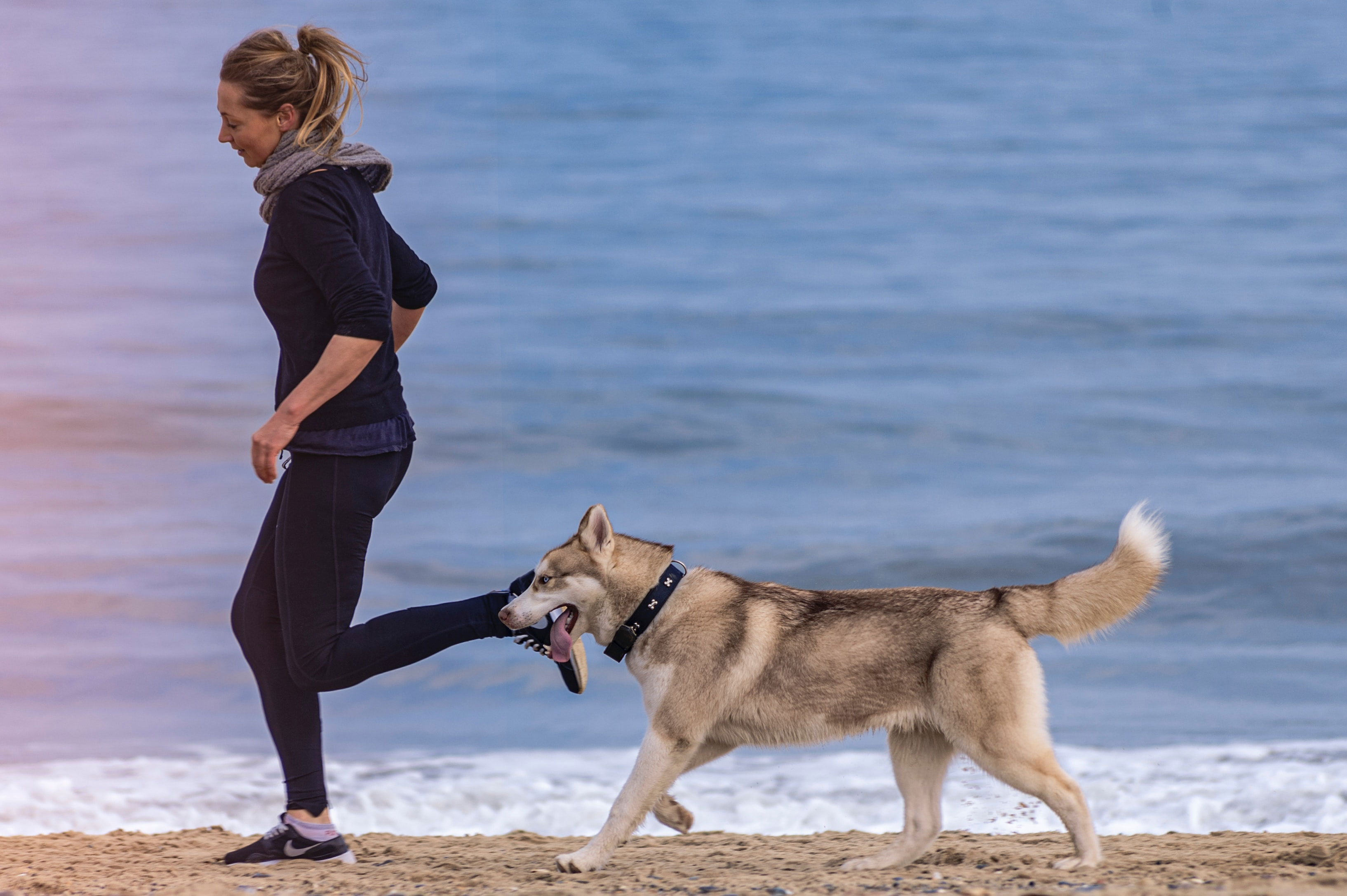 Woman running on the beach with her dog, showing love through outdoor activities.