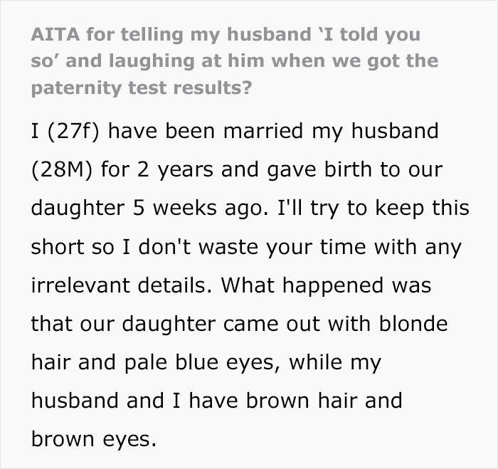 Text post about a man freaking out over baby&rsquo;s hair color and wife laughing at paternity test results.
