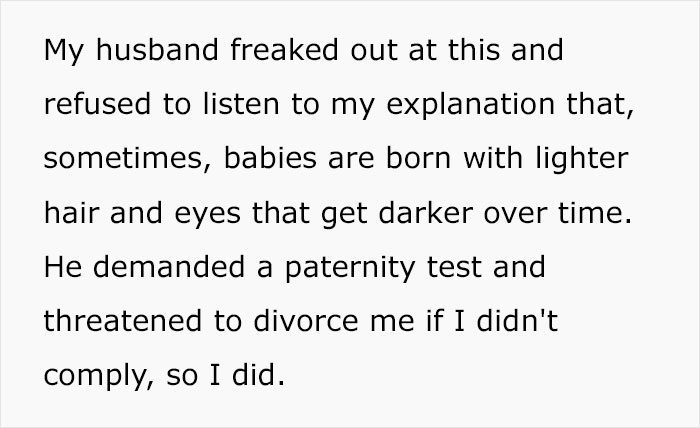 Text explaining a husband freaking out over baby&rsquo;s hair color and demanding a paternity test despite wife&rsquo;s explanation.