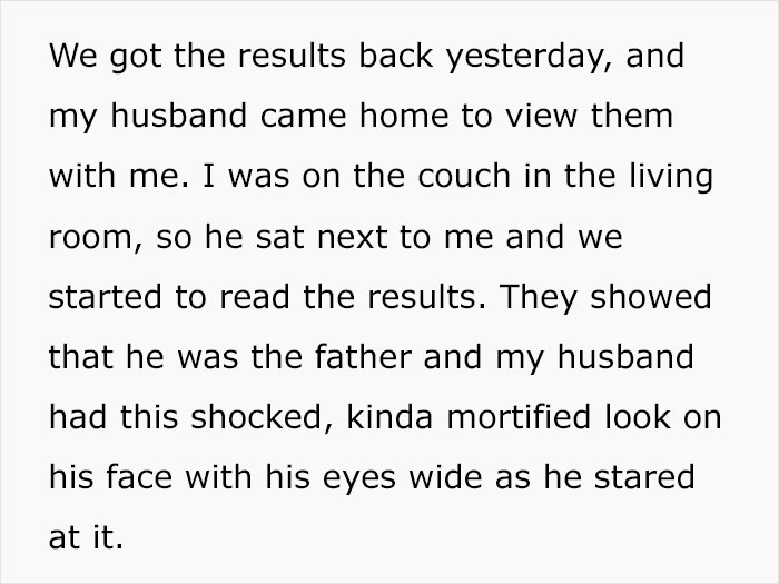 Husband reacts shocked to paternity test results about baby&rsquo;s hair color while wife laughs at his reaction on the couch.