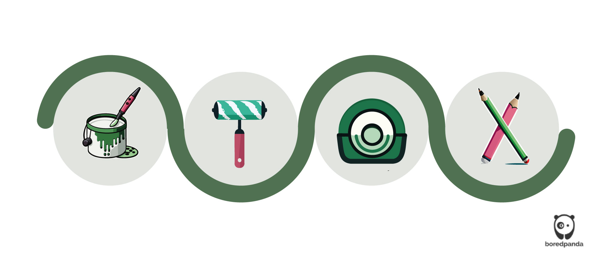 Illustration of wall painting design tools including paint can, roller, tape measure, and colored pencils for inspiration.