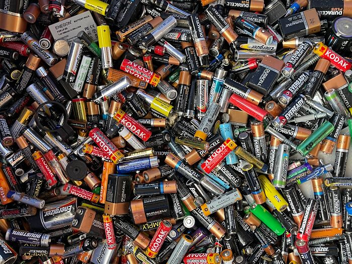 A large collection of used batteries illustrating recycling efforts and proof that our world isn't a total nightmare.