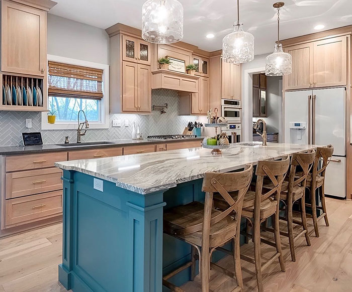 Natural wood-colored kitchen cabinets