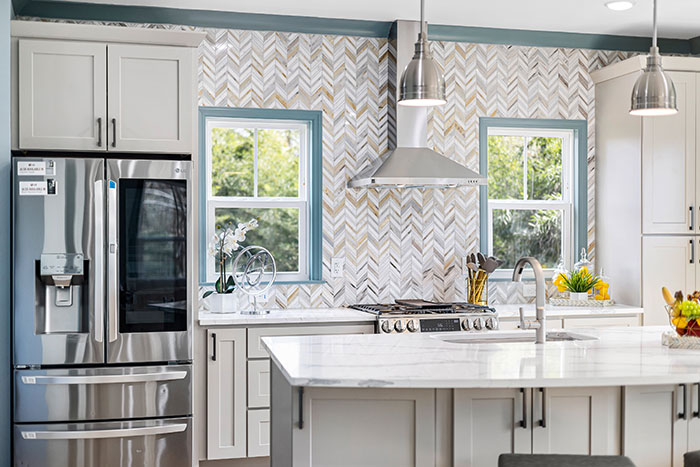 Herringbone-styled kitchen wall backsplash 
