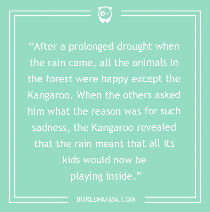 Funny story joke about animals in the rain, featuring an unhappy kangaroo due to having kids play inside.
