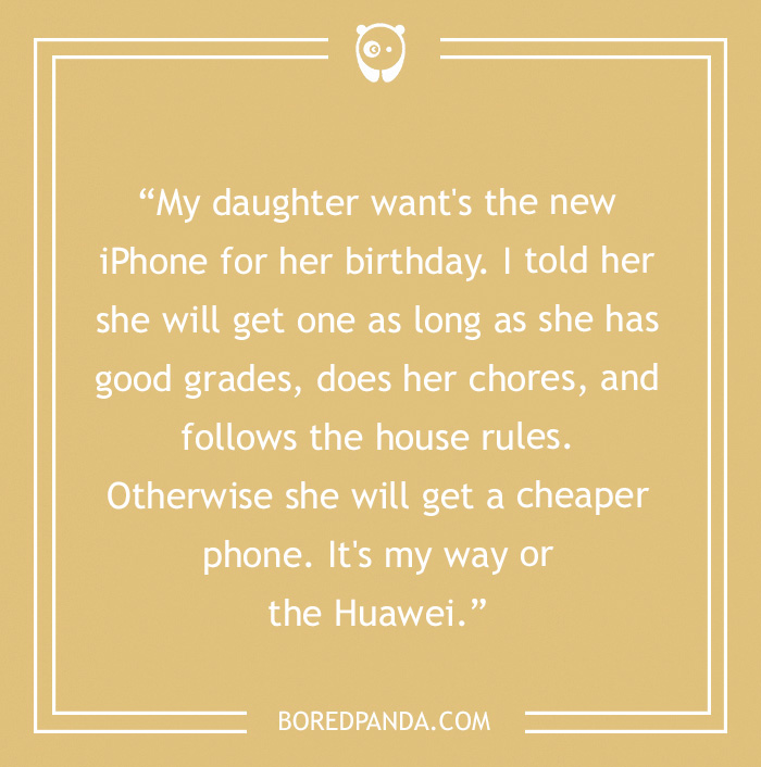 Funny story joke about choosing between an iPhone and a Huawei as a birthday gift based on behavior and rules.