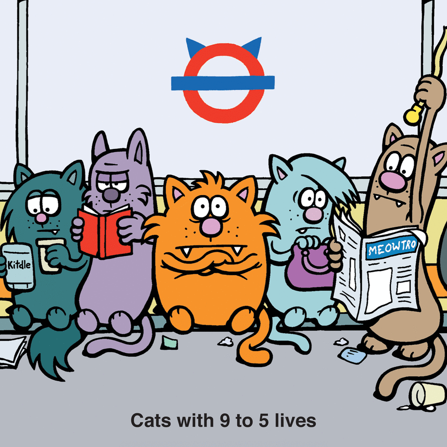 Cartoon cats in a subway setting illustrating the humorous nature of cats in a comic style.