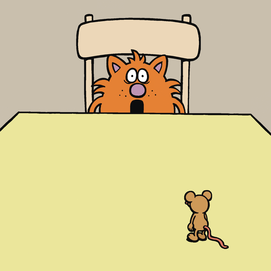 Cartoon of a surprised orange cat sitting behind a table, eyes wide, staring at a small cartoon mouse on the table.