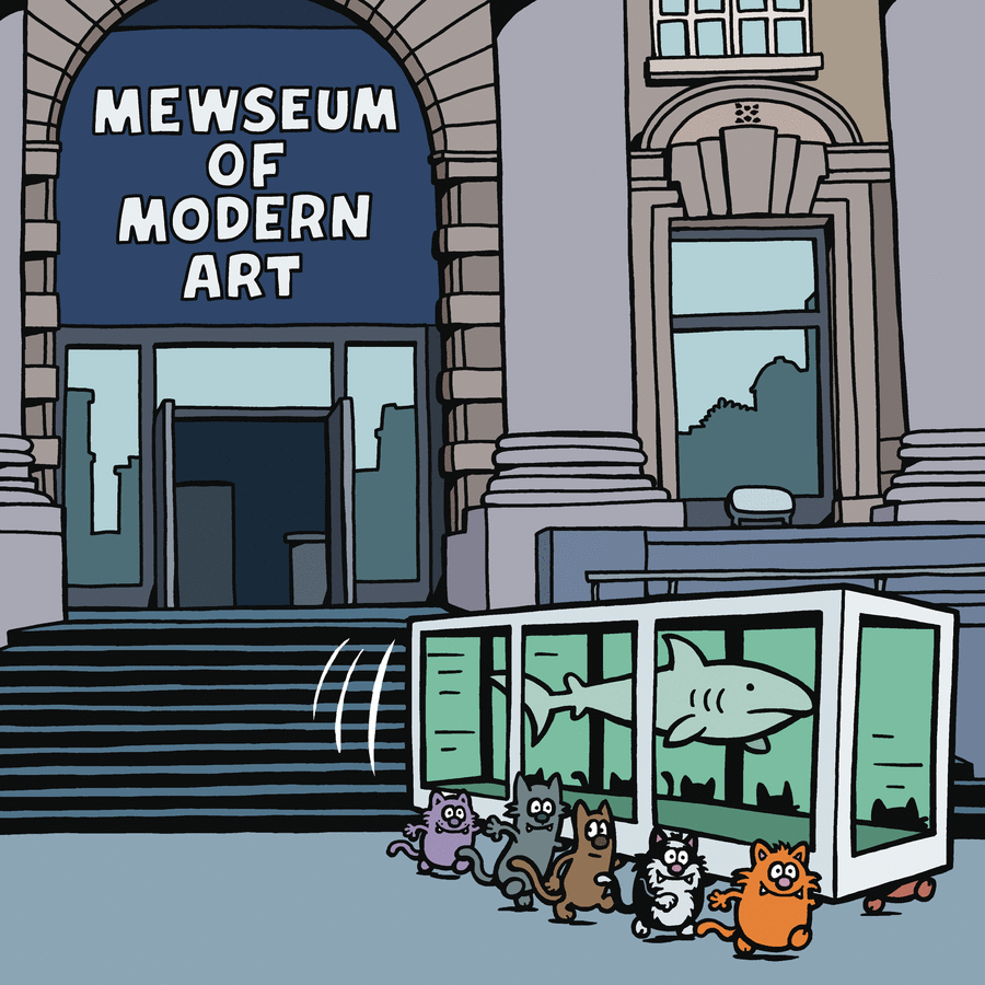 Cats happily sneaking a shark exhibit from the Mewseum of Modern Art in a humorous comic style.