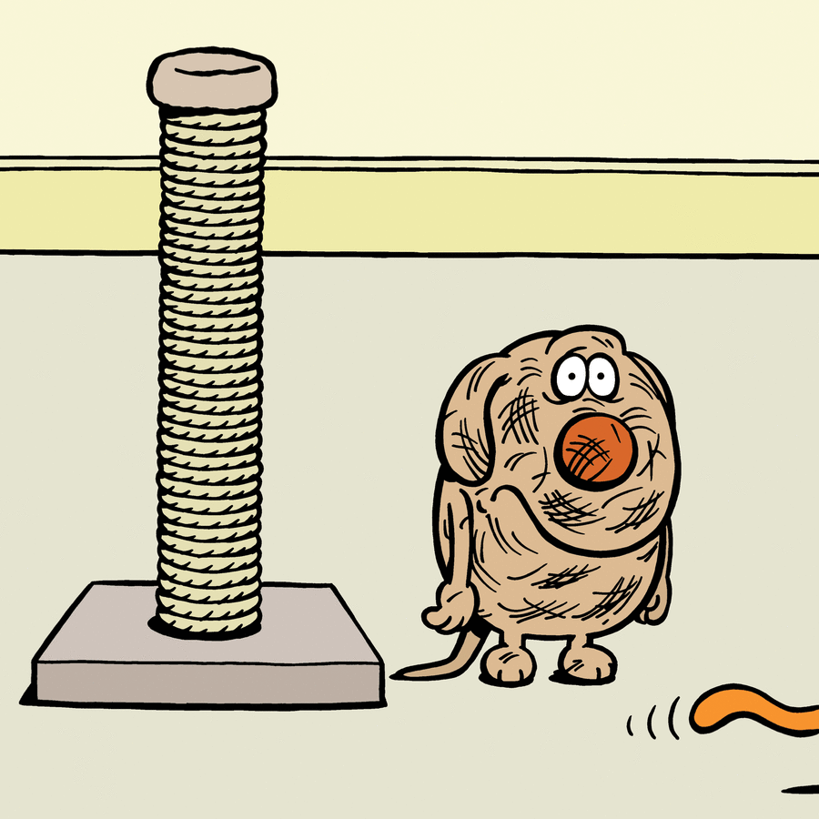 Cartoon illustration showing a cat scratching post and a confused dog, highlighting the nature of cats humorously.