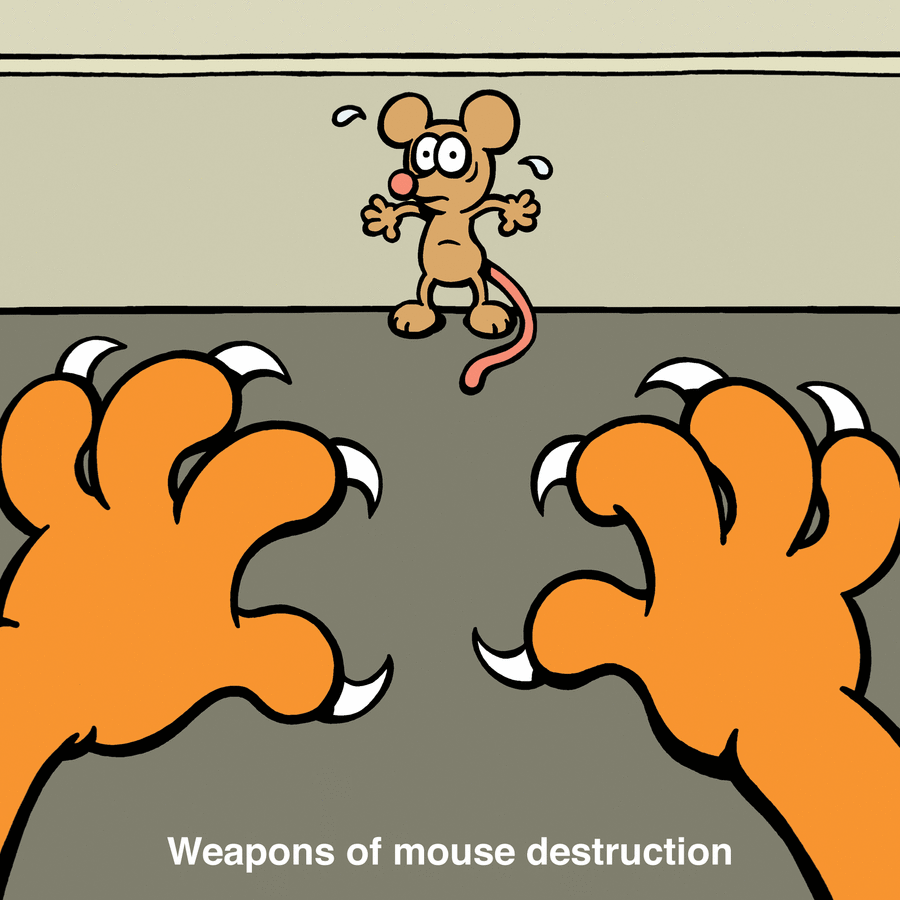 Cat claws extended towards frightened cartoon mouse in comic illustrating the nature of cats and their hunting instincts.