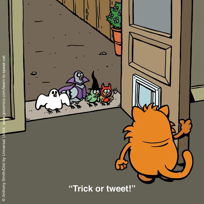 Cartoon cat opening door to four small birds dressed in Halloween costumes, illustrating the nature of cats in comics.